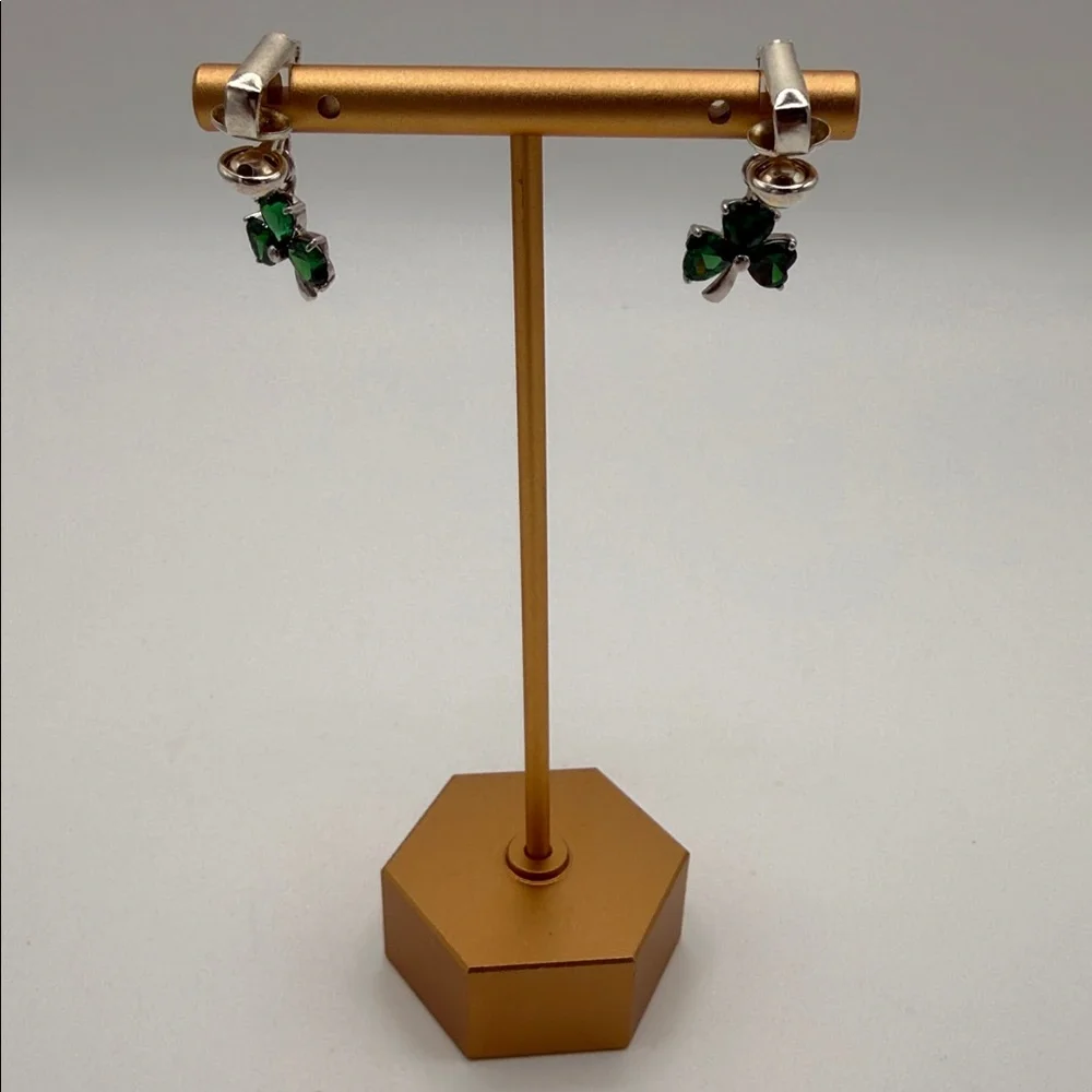 Shan Gre 925 Silver & Green Glass 3 Leaf Clover Drop Earrings - Picture 5 of 9